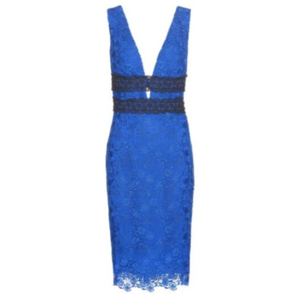 NWT Diane Von Furstenberg Viera in Neptune Blue Lace Deep V Sheath Dress 14